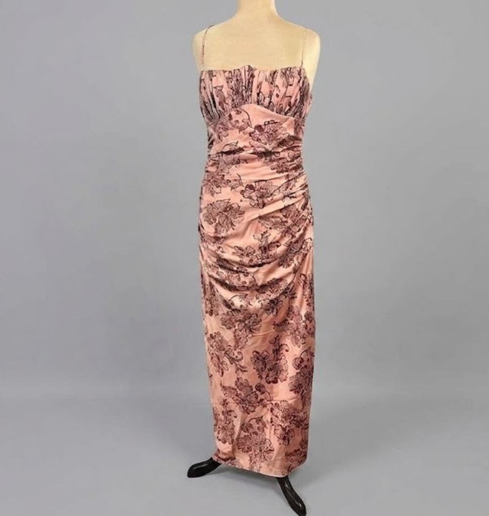 ASOS Rose Blush Floral Satin Slip Dress Size 8 Ruched Bias Cut Side Slit Wedding